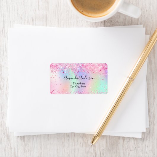 Blush roze holografische glitter return address etiket (Insitu)