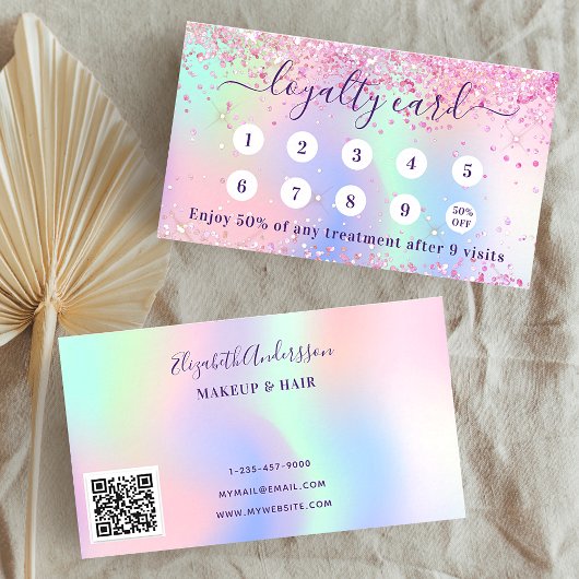 Blush roze holografische sparkles paarse qr-code klantenkaartje