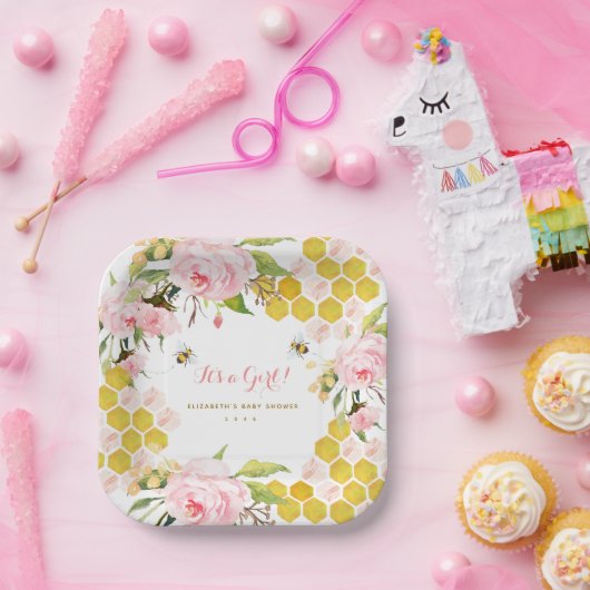 Blush Roze honingbijen Baby shower Bord (Feest)