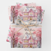 Blush Roze Huis Kerstboom Poinsettia Custom Inpakpapier Vel (In situ)