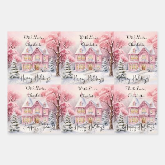 Blush Roze Huis Kerstboom Poinsettia Custom Inpakpapier Vel (Voorkant)