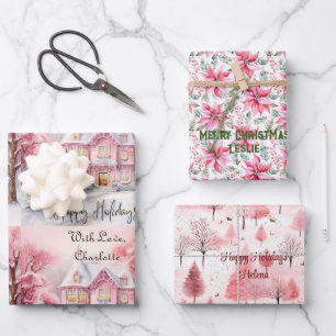 Blush Roze Huis Kerstboom Poinsettia Custom Inpakpapier Vel