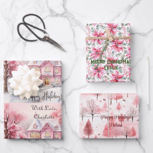 Blush Roze Huis Kerstboom Poinsettia Custom Inpakpapier Vel (Voorkant)