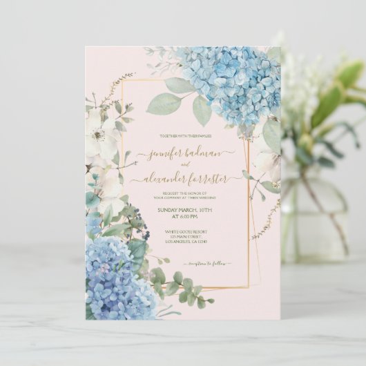 Blush Roze Hydrangea Waterverf Stoffig Blauw Bruil Kaart (Staand voorkant)