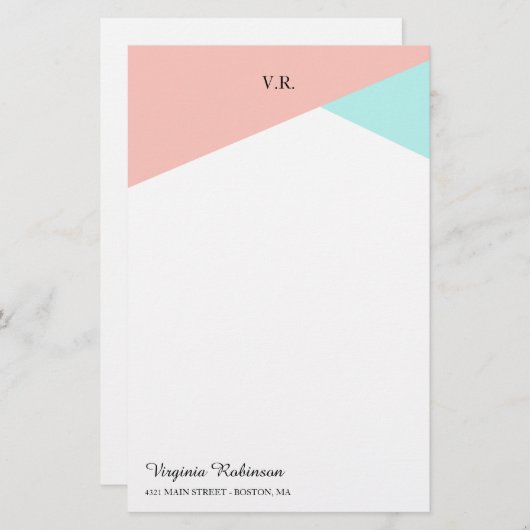 Blush roze & Icy Blue Monogramed Briefpapier (Voorkant / Achterkant)