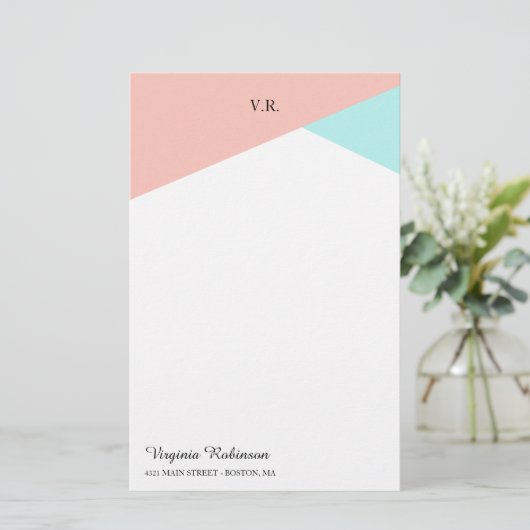 Blush roze & Icy Blue Monogramed Briefpapier (Staand voorkant)