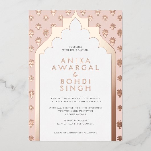 Blush Roze  Indiase bruiloft Roos Gold Folie Uitnodiging (Voorkant)
