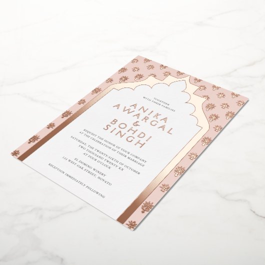 Blush Roze  Indiase bruiloft Roos Gold Folie Uitnodiging (Gedraaid)