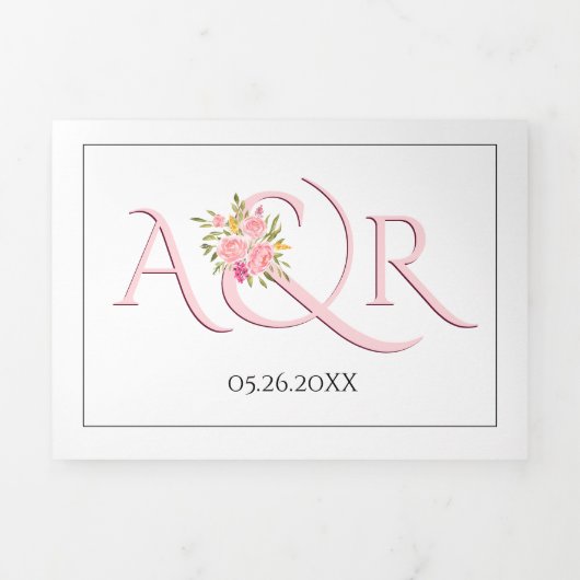 Blush roze initialen, ampersand roze rozen bruilof drieluik uitnodiging (Cover)