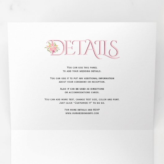 Blush roze initialen, ampersand roze rozen bruilof drieluik uitnodiging (Binnenzijde eerst)