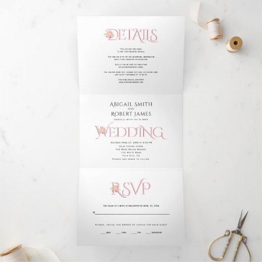 Blush roze initialen, ampersand roze rozen bruilof drieluik uitnodiging (Binnen)