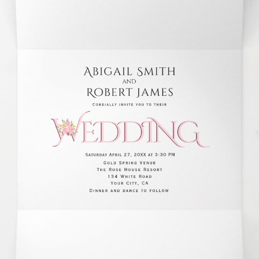 Blush roze initialen, ampersand roze rozen bruilof drieluik uitnodiging (Binnenkant midden)