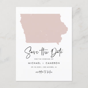 Blush Roze Iowa Map Modern Script Save the Date Aankondigingskaart