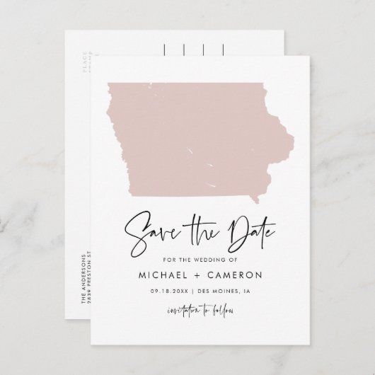 Blush Roze Iowa Map Modern Script Save the Date Aankondigingskaart (Voorkant / Achterkant)