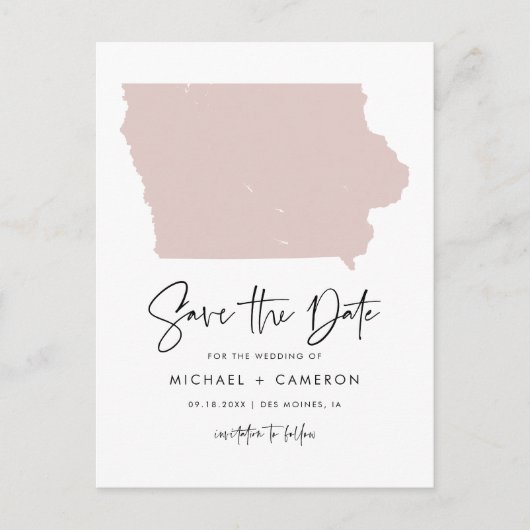 Blush Roze Iowa Map Modern Script Save the Date Aankondigingskaart (Voorkant)