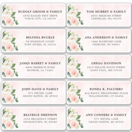 Blush Roze Ivoor Bloemen Bruiloft Gast Adres Sticker (Voorkant)