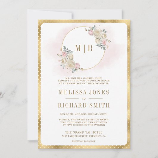 Blush roze ivoor bloemengoud alles in één bruiloft kaart (Voorkant)