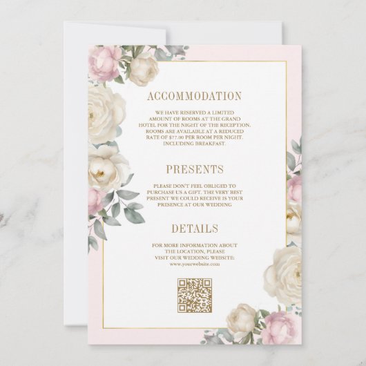 Blush roze ivoor bloemengoud alles in één bruiloft kaart (Achterkant)