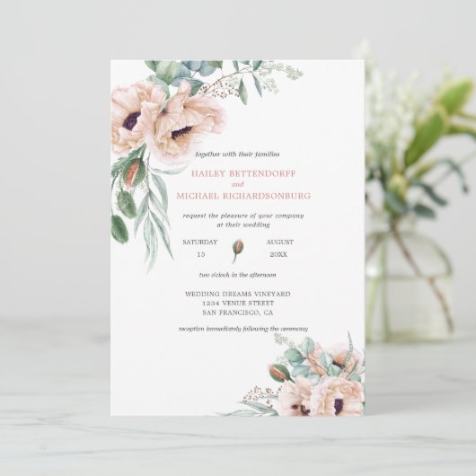 Blush roze ivoor papavers Greenery Waterverf Kaart (Staand voorkant)