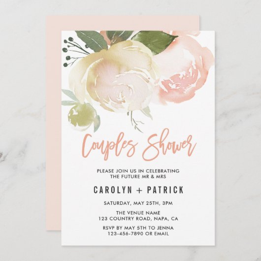 Blush roze ivoor Peony Couples Shower Invitation Kaart (Voorkant / Achterkant)