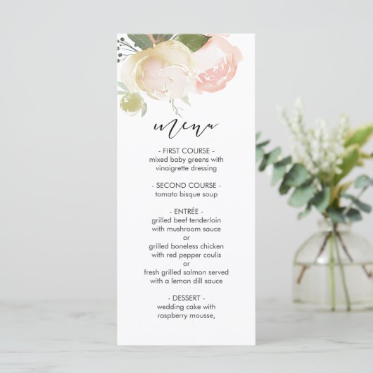 Blush roze ivoor pioen bruiloft menu (Staand voorkant)