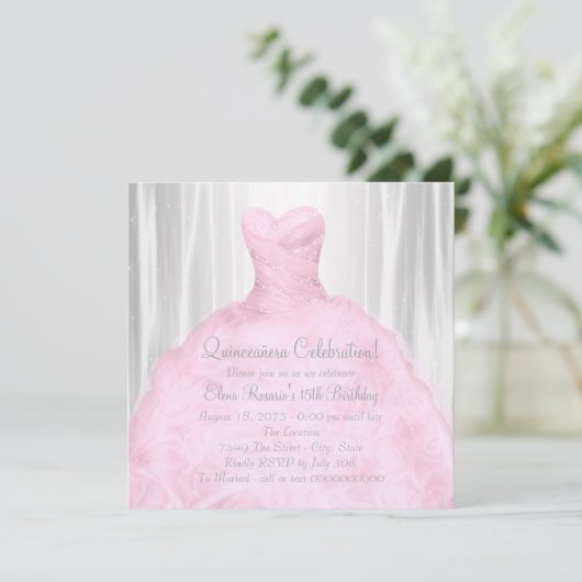 Blush roze jurk Elegant roze Quinceañera Kaart (Staand voorkant)