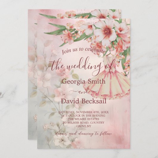 Blush Roze  Jurk QR Code Huwelijk Kaart (Voorkant / Achterkant)