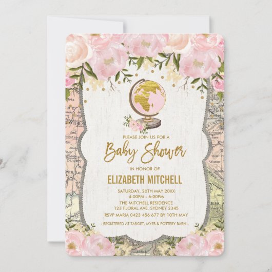 Blush Roze Kaart Baby shower Nodig Reisavontuur ui (Voorkant)