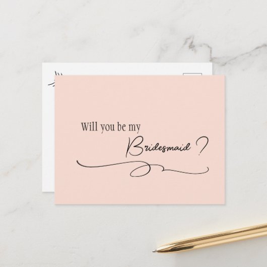 Blush roze kalligrafie Bridesmaid Voorstel Post Briefkaart (Voorkant / Achterkant in situ)