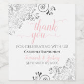 Blush roze kalligrafie Grijze kant bruiloft Dank j Wijn Etiket (Enkel label)