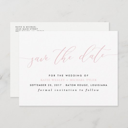 Blush roze kalligrafie Modern Save the Date Aankondigingskaart (Voorkant / Achterkant)