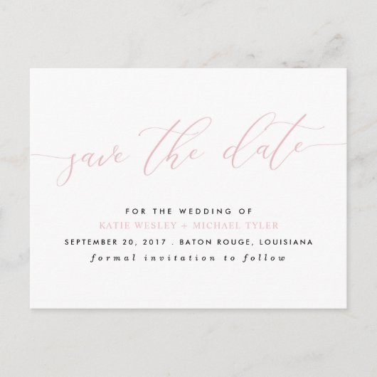Blush roze kalligrafie Modern Save the Date Aankondigingskaart (Voorkant)