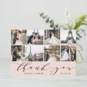 Blush roze kalligrafie script foto collage bedankkaart (Staand voorkant)