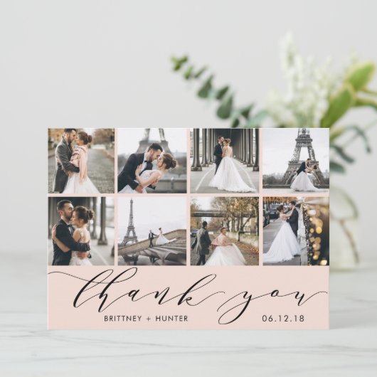 Blush roze kalligrafie script foto collage bedankkaart (Staand voorkant)