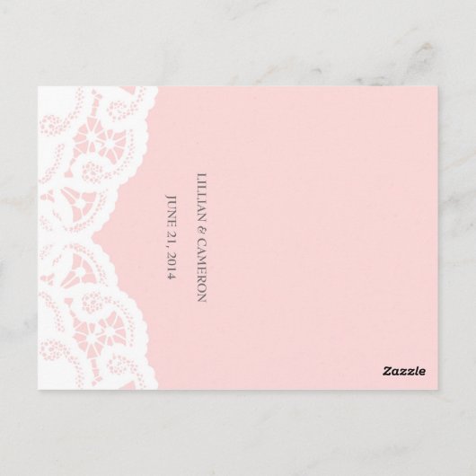 Blush roze kant doily bruiloft menu (Achterkant)