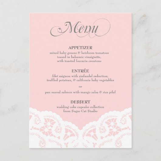 Blush roze kant doily bruiloft menu (Voorkant)