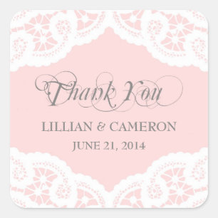 Blush roze kant doily dank u naam stickers