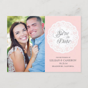 Blush Roze kant Doily Save the Date Briefkaart