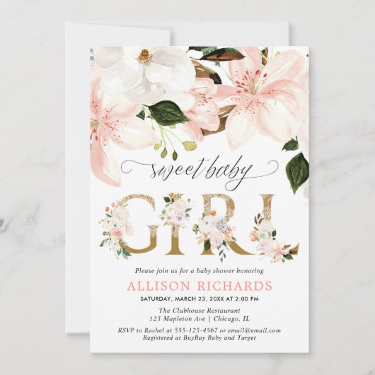 Blush roze kanten jute bloemenmeisje baby shower kaart (Voorkant)