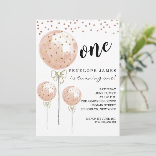 Blush Roze katoenballon Snoep 1e verjaardag Kaart (Staand voorkant)