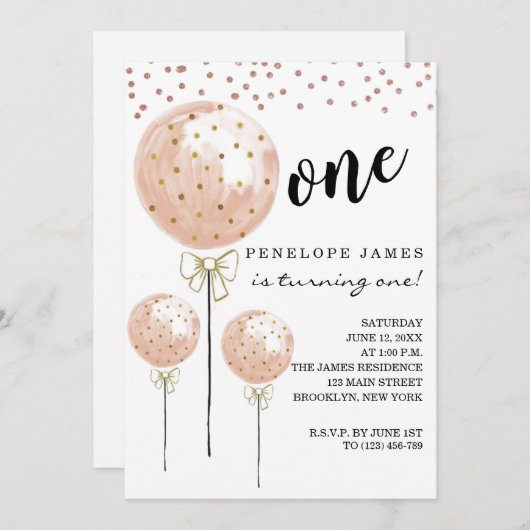 Blush Roze katoenballon Snoep 1e verjaardag Kaart (Voorkant / Achterkant)