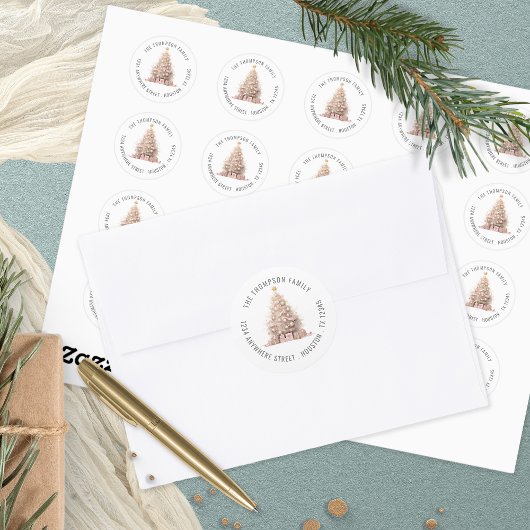 Blush Roze Kerstboom Retournaam Adres Ronde Sticker