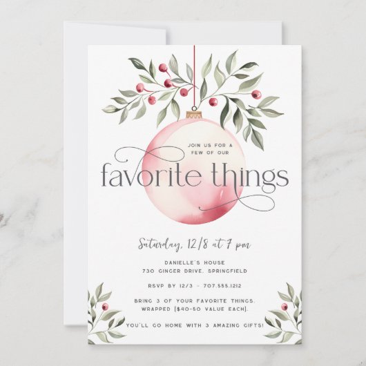 Blush Roze Kerstmis Bauble Favoriete Dingen Party Kaart (Voorkant)