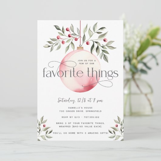 Blush Roze Kerstmis Bauble Favoriete Dingen Party Kaart (Staand voorkant)