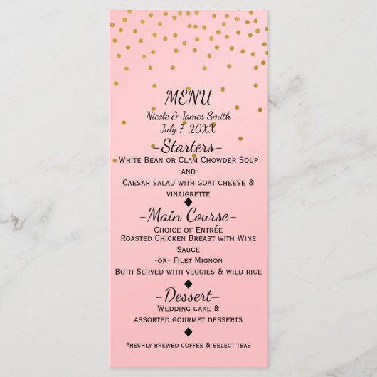 Blush roze kleine gouden confetti elegante menukaa menu (Voorkant)