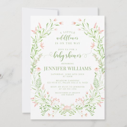 Blush roze kleine wilde bloem boho baby meisje dou kaart (Voorkant)