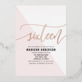 Blush Roze Kleur Blok Sweet 16 Verjaardagsfeest Folie Uitnodiging (Voorkant)