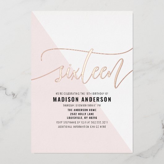 Blush Roze Kleur Blok Sweet 16 Verjaardagsfeest Folie Uitnodiging (Voorkant)