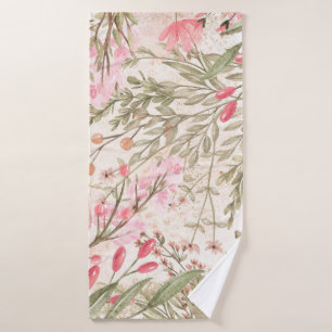 Blush roze koraalbos groene waterverf florale badhanddoek