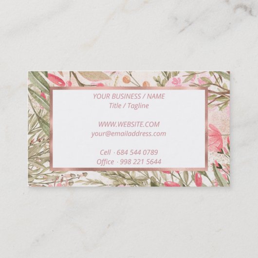 Blush roze koraalbos groene waterverf florale bu visitekaartje (Achterkant)